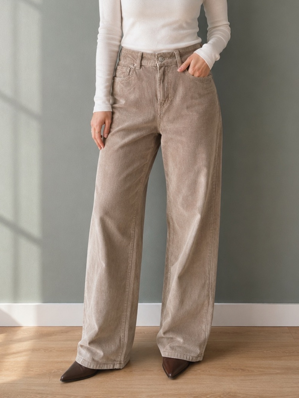 Ardene High Rise Wide Leg Corduroy Pants Beige/Taupe Size 01